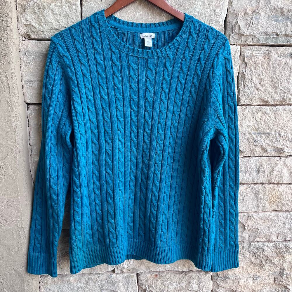 L.L. Bean Cable Knit Sweater XL Green Teal Turquoise Cotton Crew Pullover Preppy